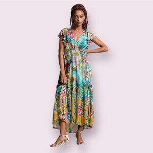 Anthropologie V-Neck Flutter-Sleeve Dress S Floral Empire Waist Lightweight